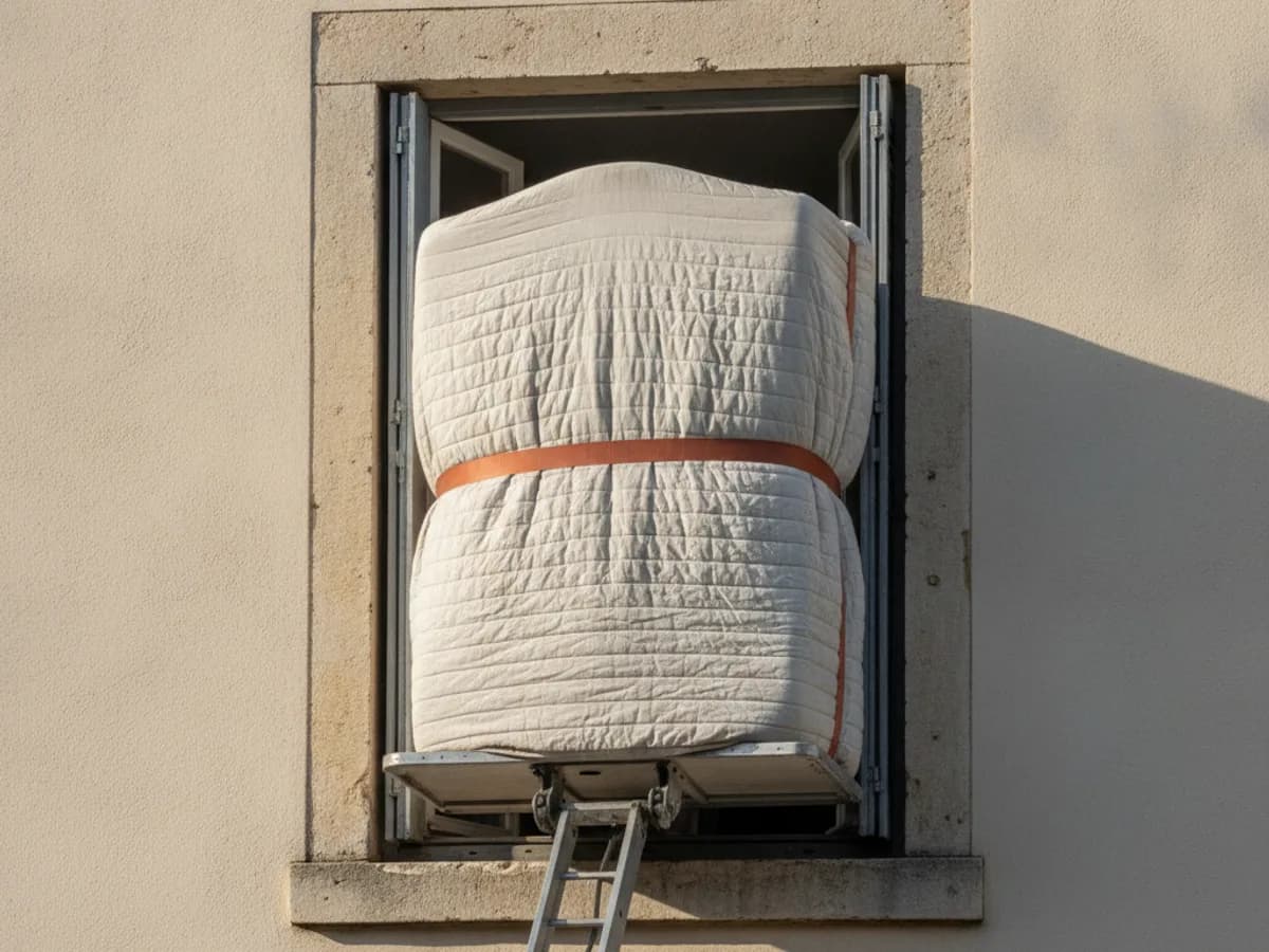 Möbellift hebt einen eingepackten Schrank zum dritten Stock