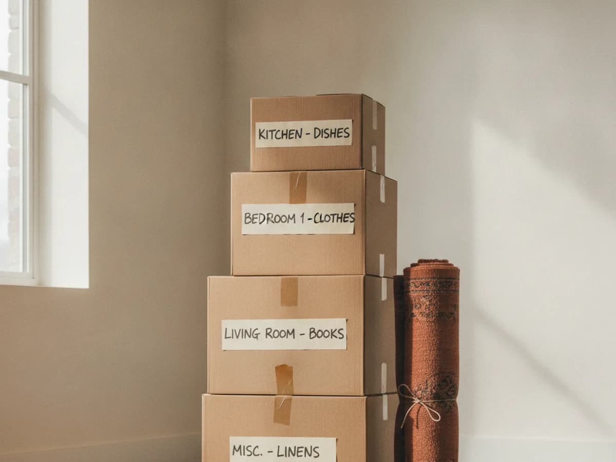 Gestapelte, beschriftete Umzugskartons in einer leeren Wohnung